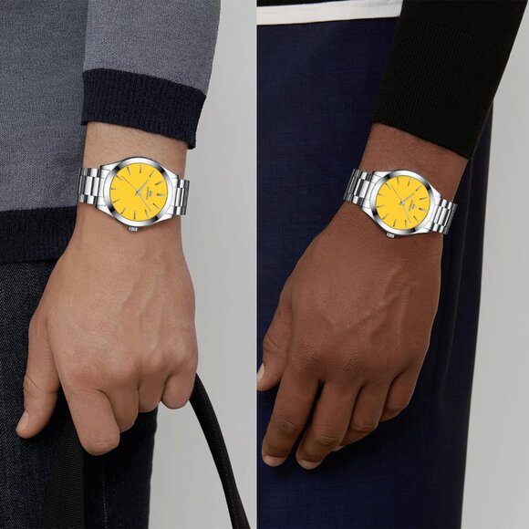 Men Silver Yellow Stainless Steel Analog Quartz Fashion Business Designer Watch - Picture 6 of 9